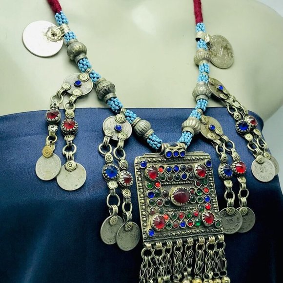 Tribal Handmade Beaded Chain Necklace With Long Tassels and Coins - Picture 4 of 12